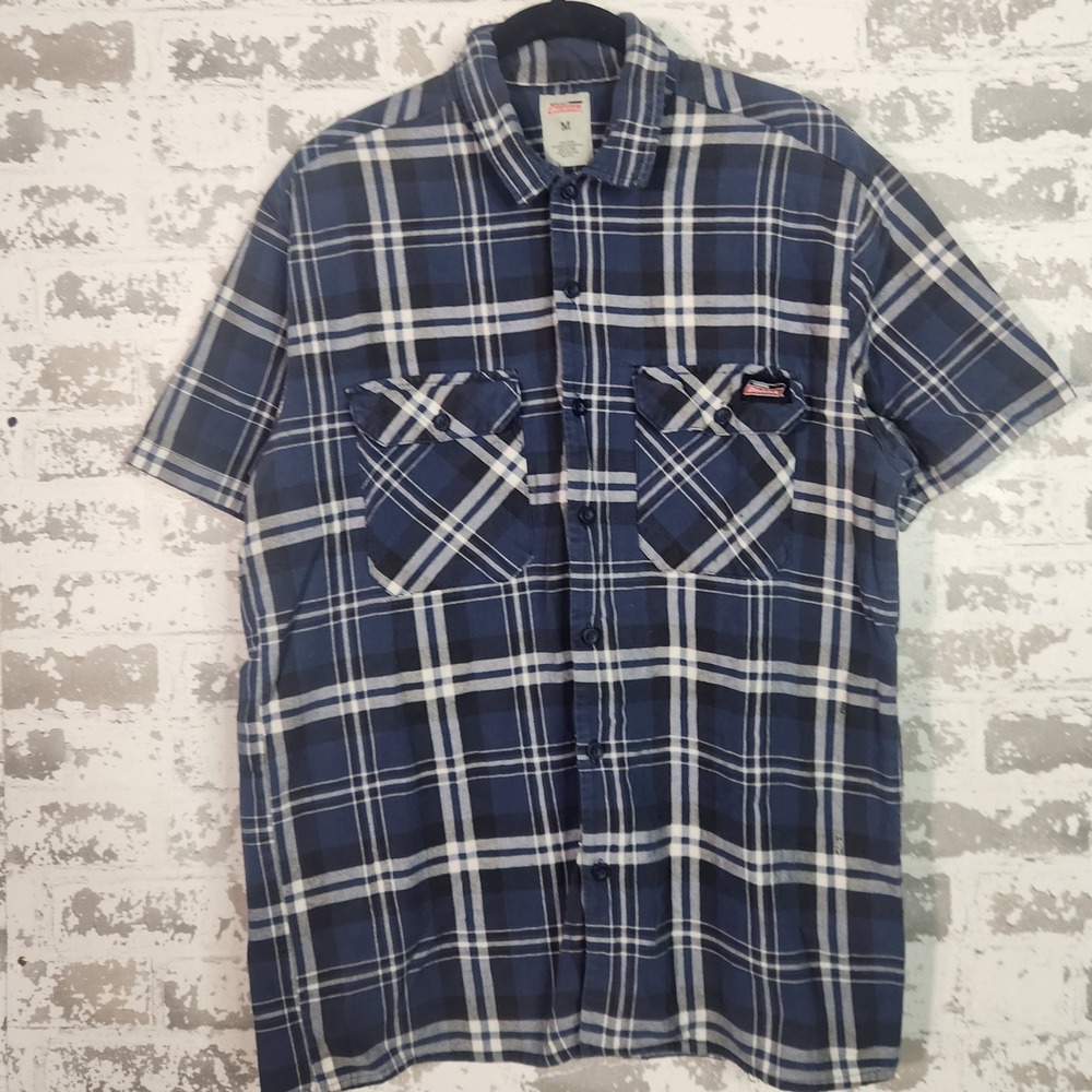 Genuine Dickies Button Up Shirt Mens Medium Blue Plaid Short Sleeve Work Casual